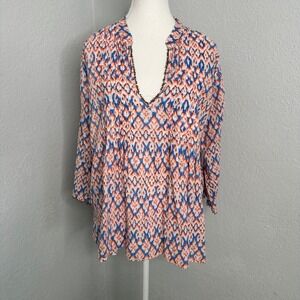 Roberta Roller Rabbit Tunic Top Womens L Blue Orange White Patterned beaded cuff